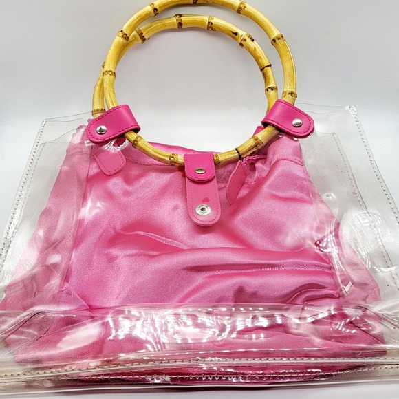 Lancome Transparent Round Bamboo Handle Handbag Tote Removable Pink Interior Bag - Picture 6 of 10